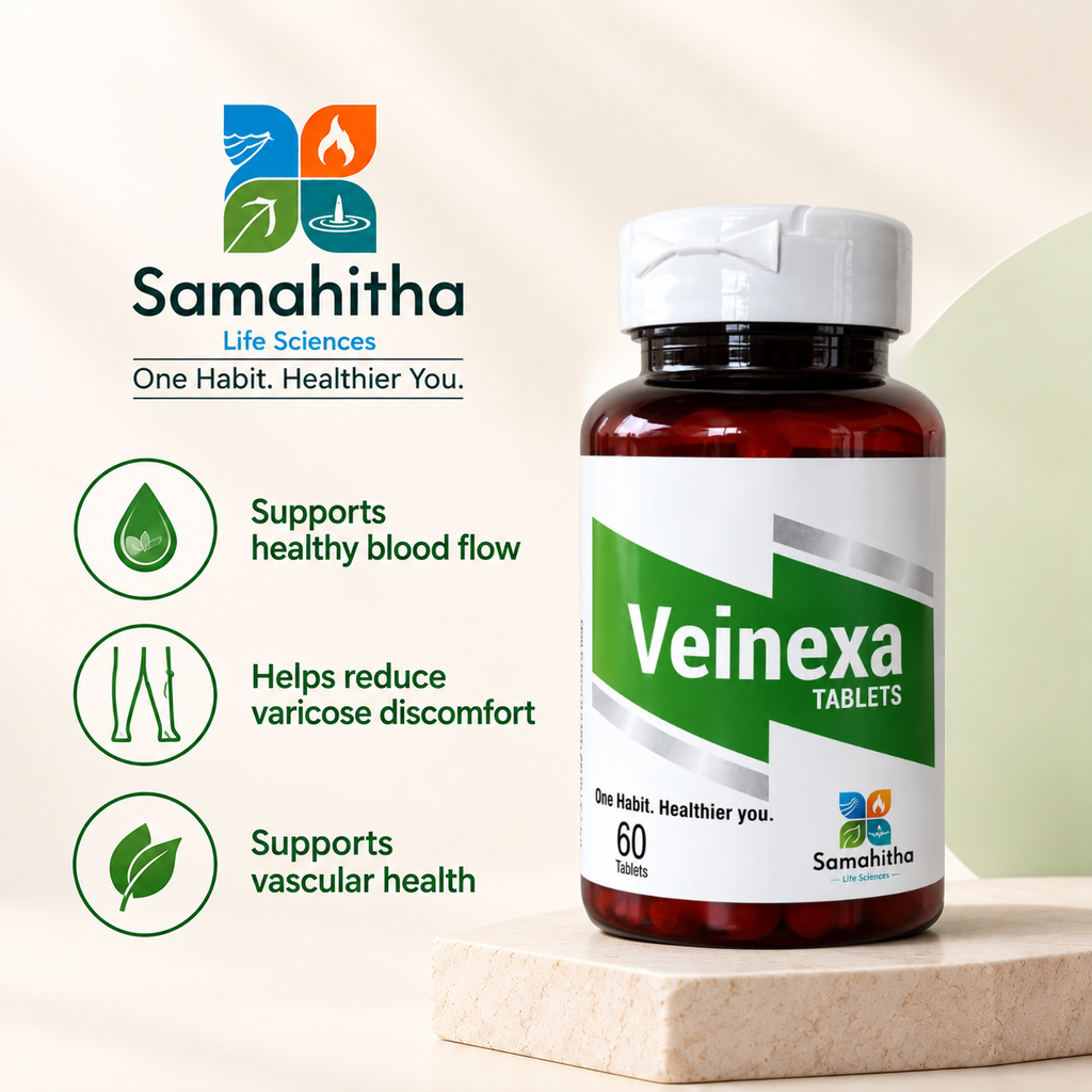 Samahitha Life Sciences Veinexa Tablets | Ayurvedic Proprietary Medicine | Herbal Circulation & Vein Wellness Support | Gotu Kola, Arjuna, Brahmi, Amalaki & Ashwagandha | 60 Tablets